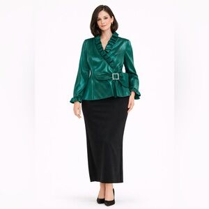 Xscape Green Ruffled Blazer with Belt